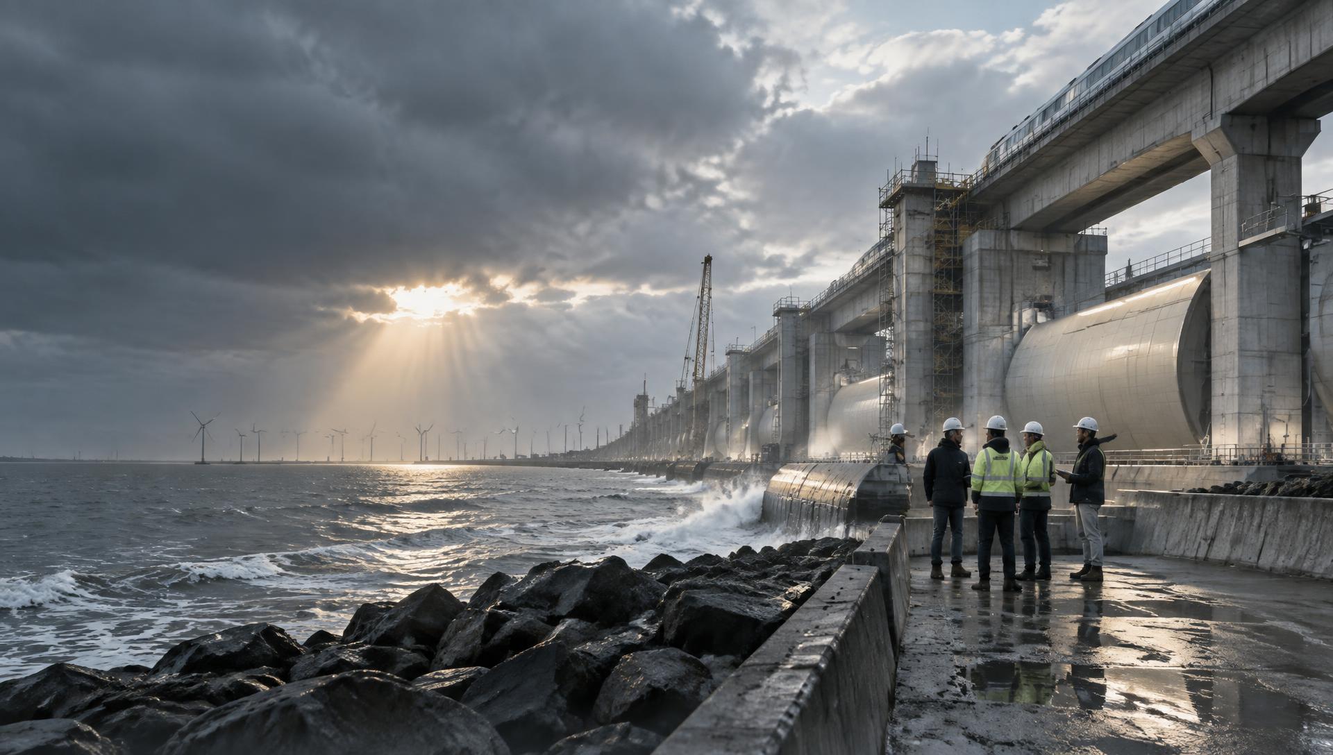 Engineers inspecting a climate-resilient coastal infrastructure project